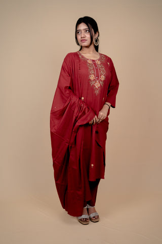 Deep Red Cotton Salwar Suit with Exquisite Thread Embroidery and Mirror-Work Dupatta