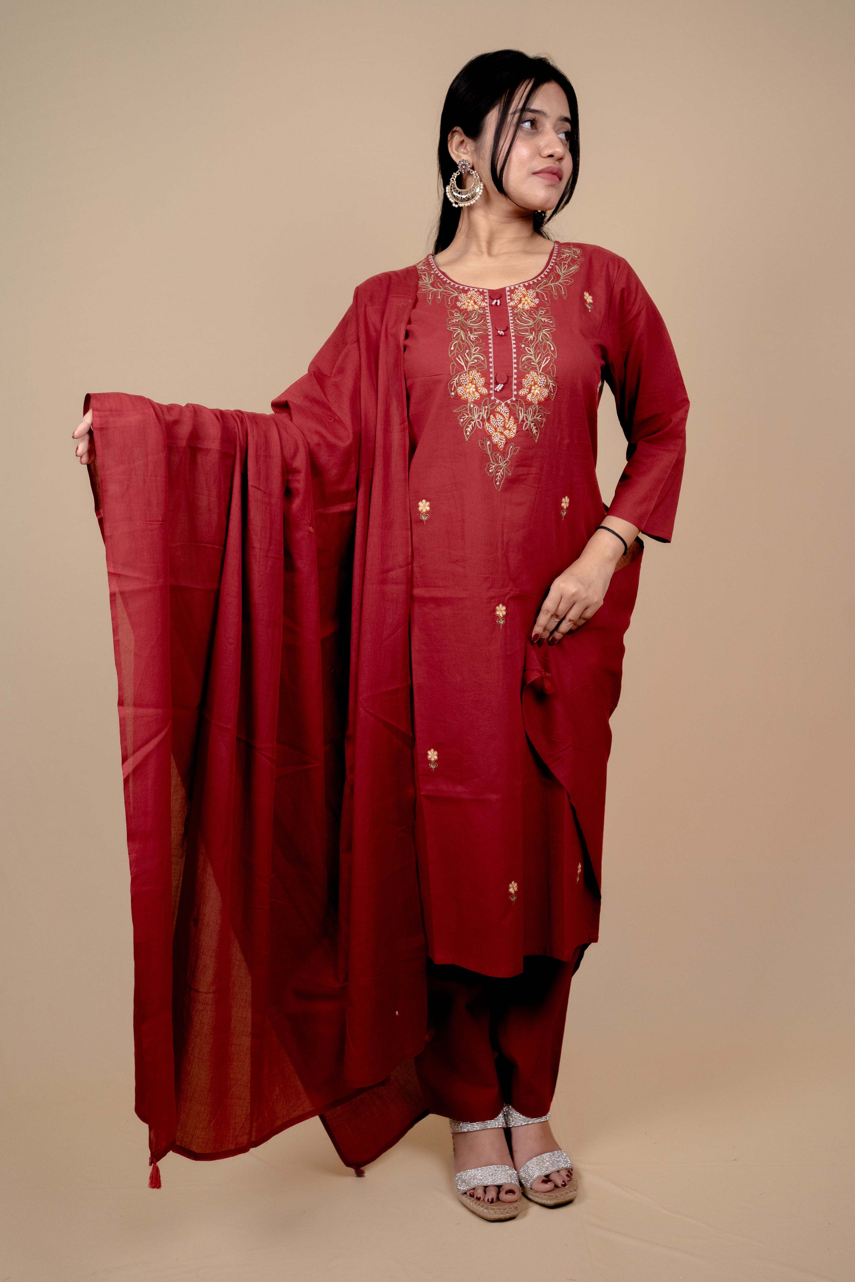 Deep Red Cotton Salwar Suit with Exquisite Thread Embroidery and Mirror-Work Dupatta