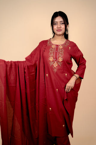 Deep Red Cotton Salwar Suit with Exquisite Thread Embroidery and Mirror-Work Dupatta