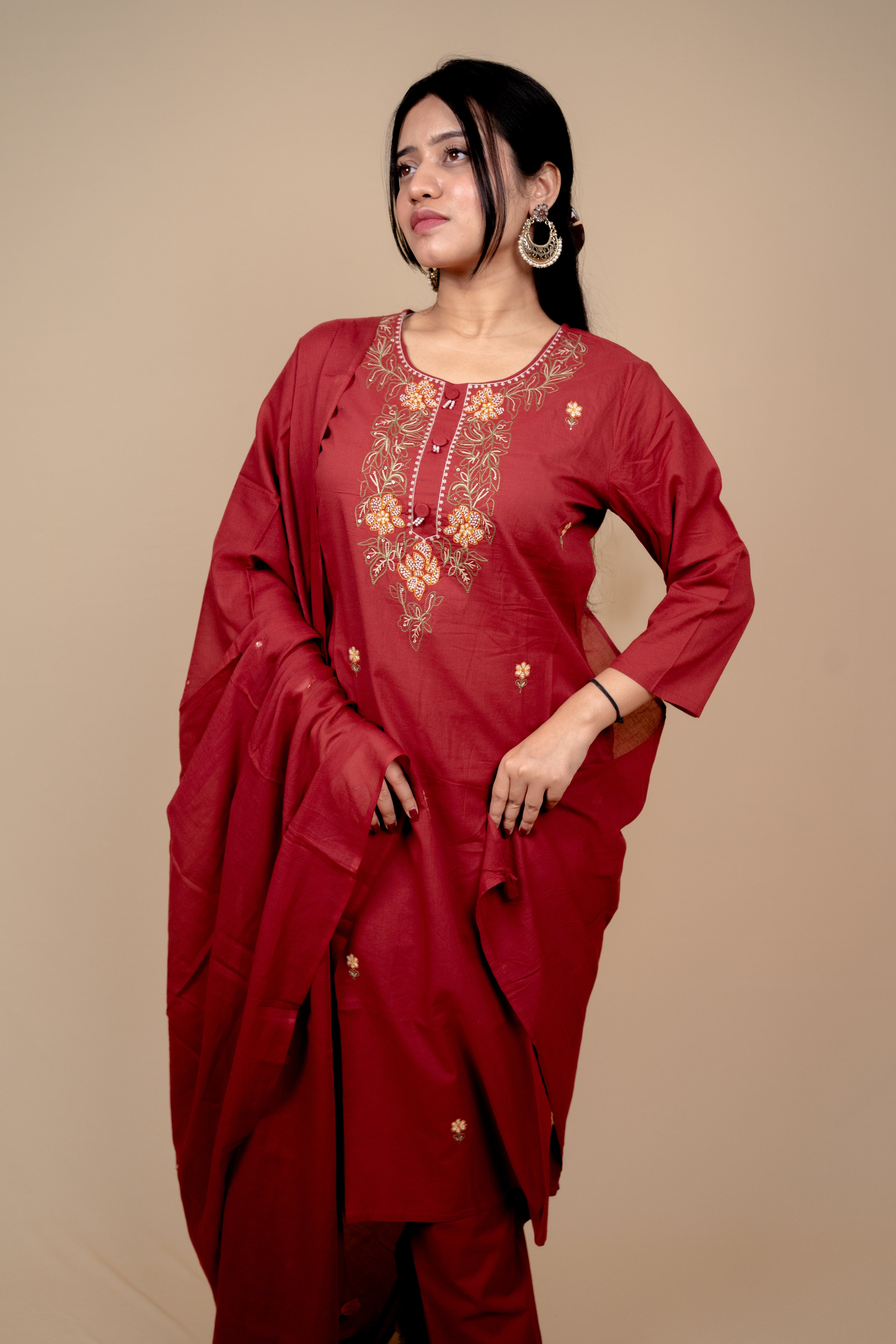 Deep Red Cotton Salwar Suit with Exquisite Thread Embroidery and Mirror-Work Dupatta