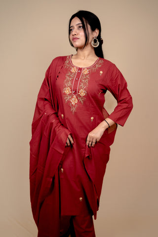 Deep Red Cotton Salwar Suit with Exquisite Thread Embroidery and Mirror-Work Dupatta