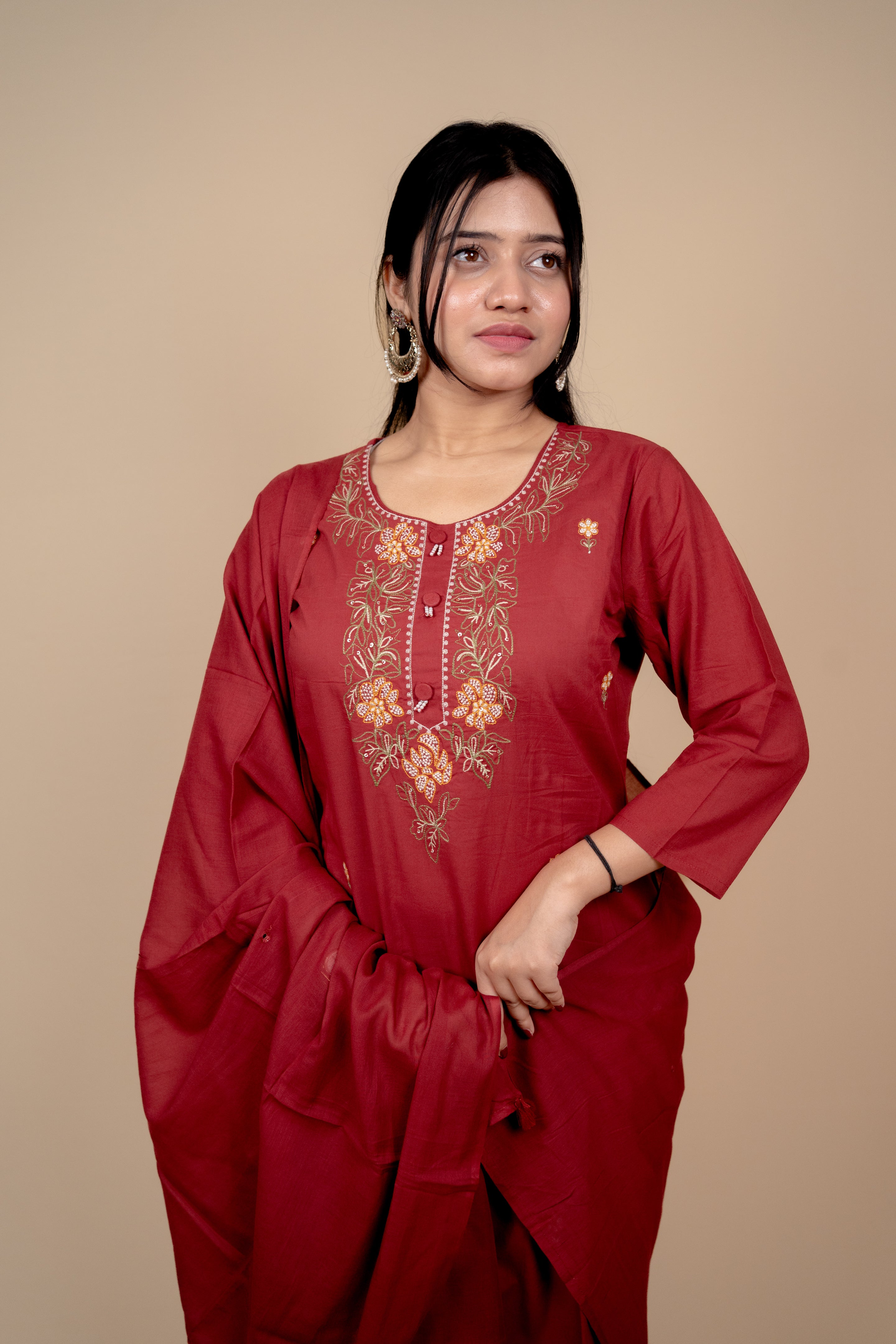 Deep Red Cotton Salwar Suit with Exquisite Thread Embroidery and Mirror-Work Dupatta