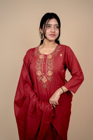 Deep Red Cotton Salwar Suit with Exquisite Thread Embroidery and Mirror-Work Dupatta