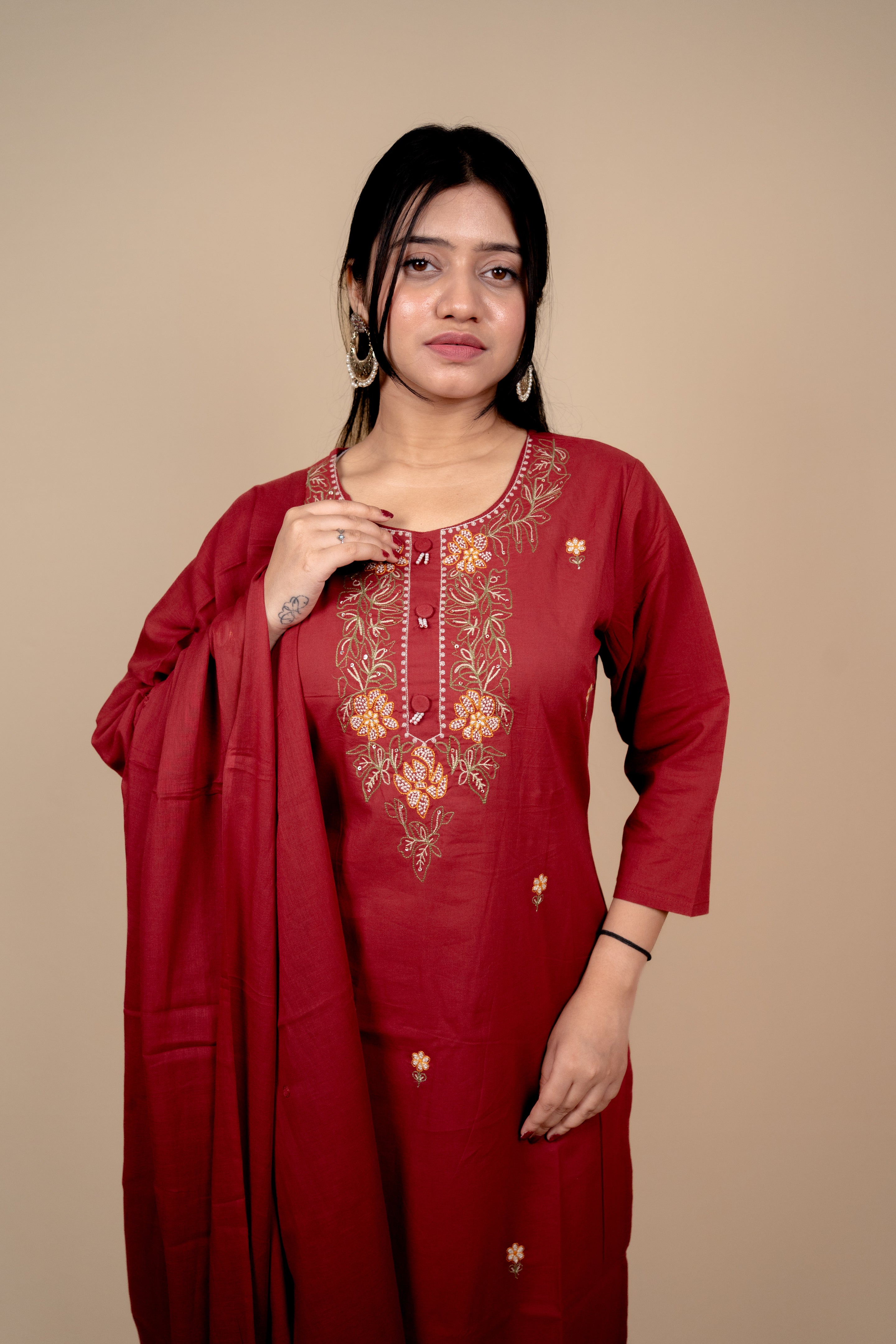 Deep Red Cotton Salwar Suit with Exquisite Thread Embroidery and Mirror-Work Dupatta