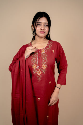 Deep Red Cotton Salwar Suit with Exquisite Thread Embroidery and Mirror-Work Dupatta