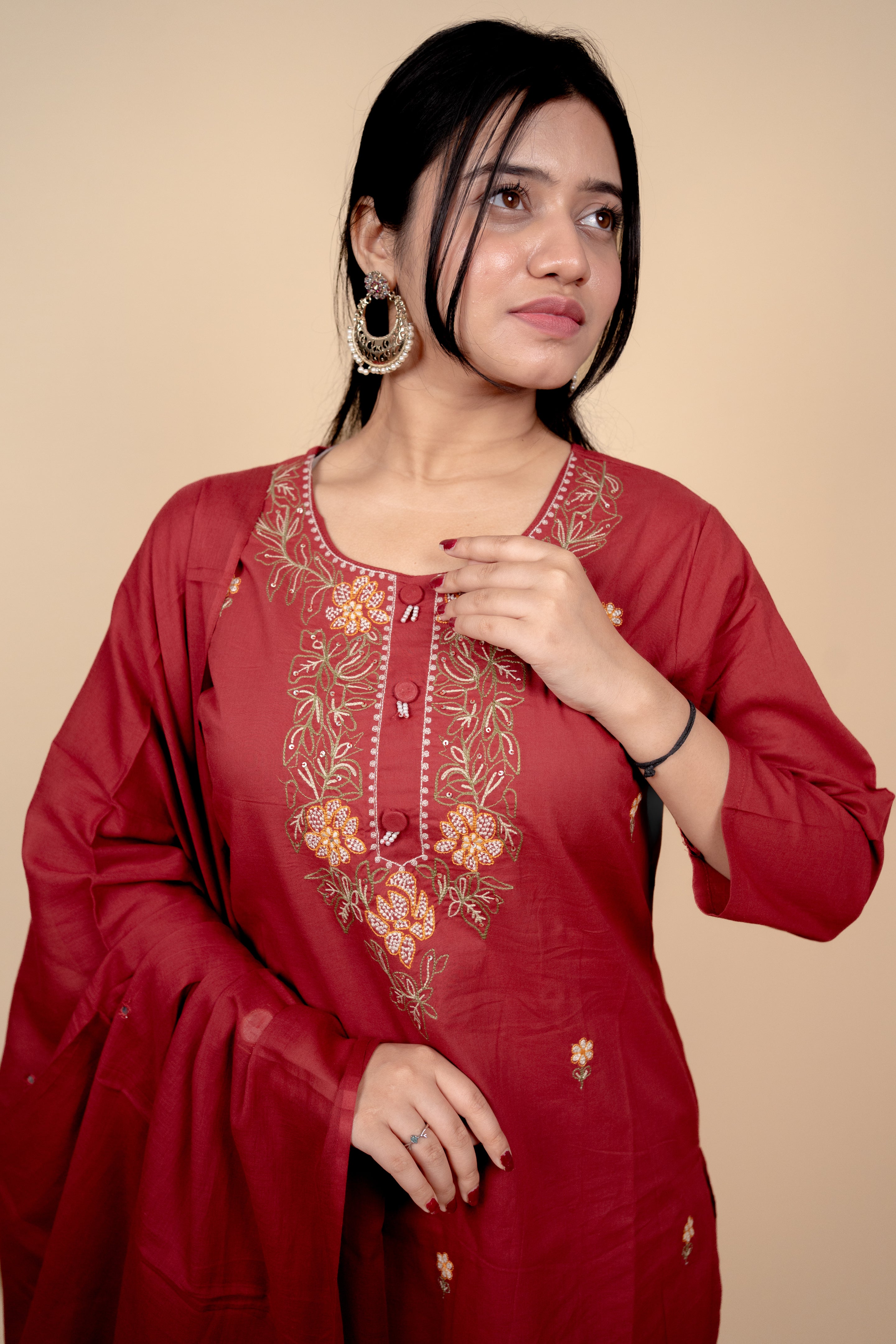 Deep Red Cotton Salwar Suit with Exquisite Thread Embroidery and Mirror-Work Dupatta