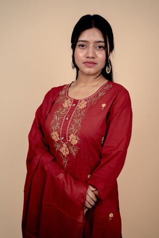 Deep Red Cotton Salwar Suit with Exquisite Thread Embroidery and Mirror-Work Dupatta