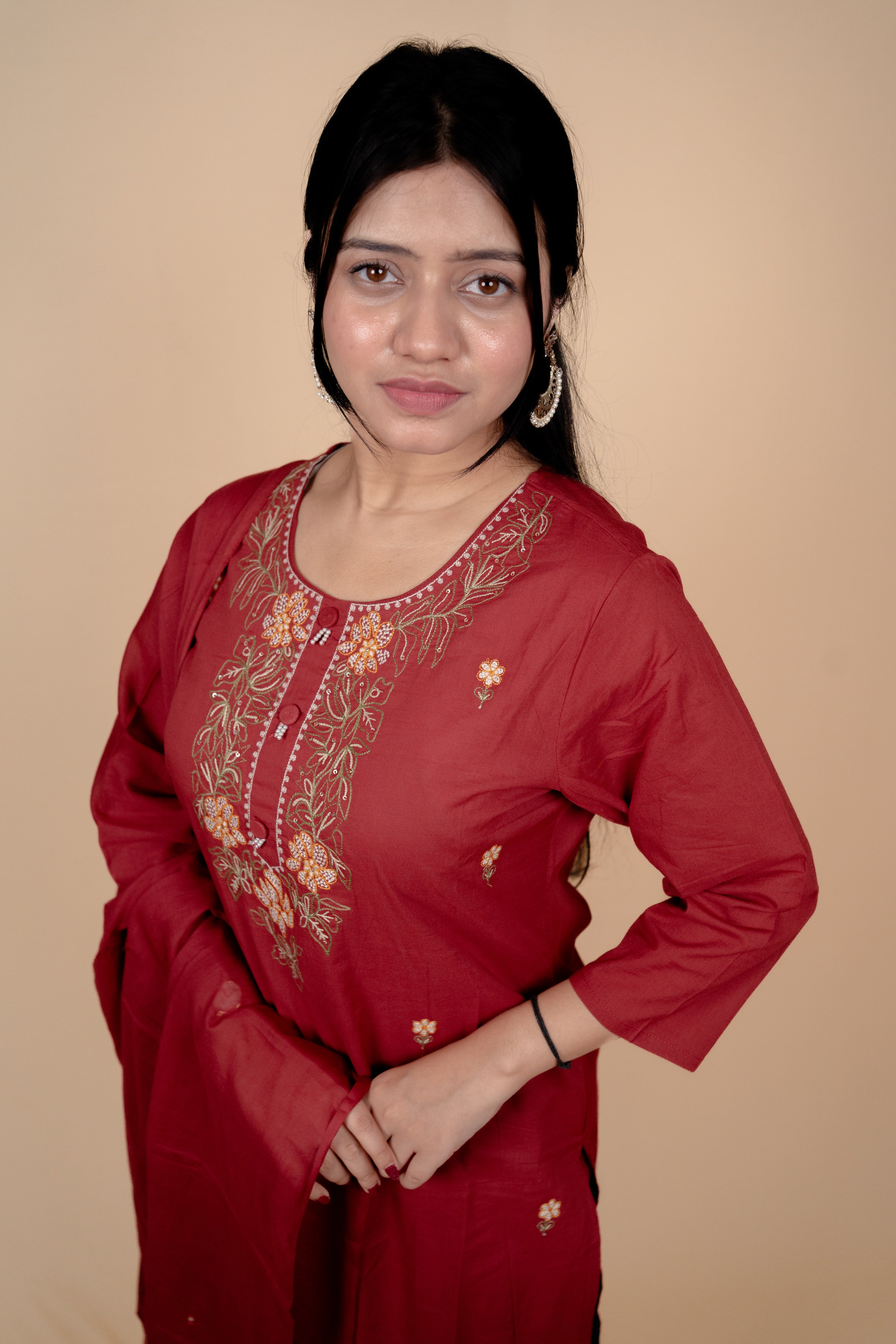 Deep Red Cotton Salwar Suit with Exquisite Thread Embroidery and Mirror-Work Dupatta