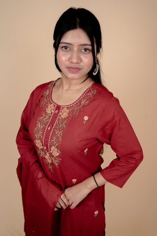 Deep Red Cotton Salwar Suit with Exquisite Thread Embroidery and Mirror-Work Dupatta