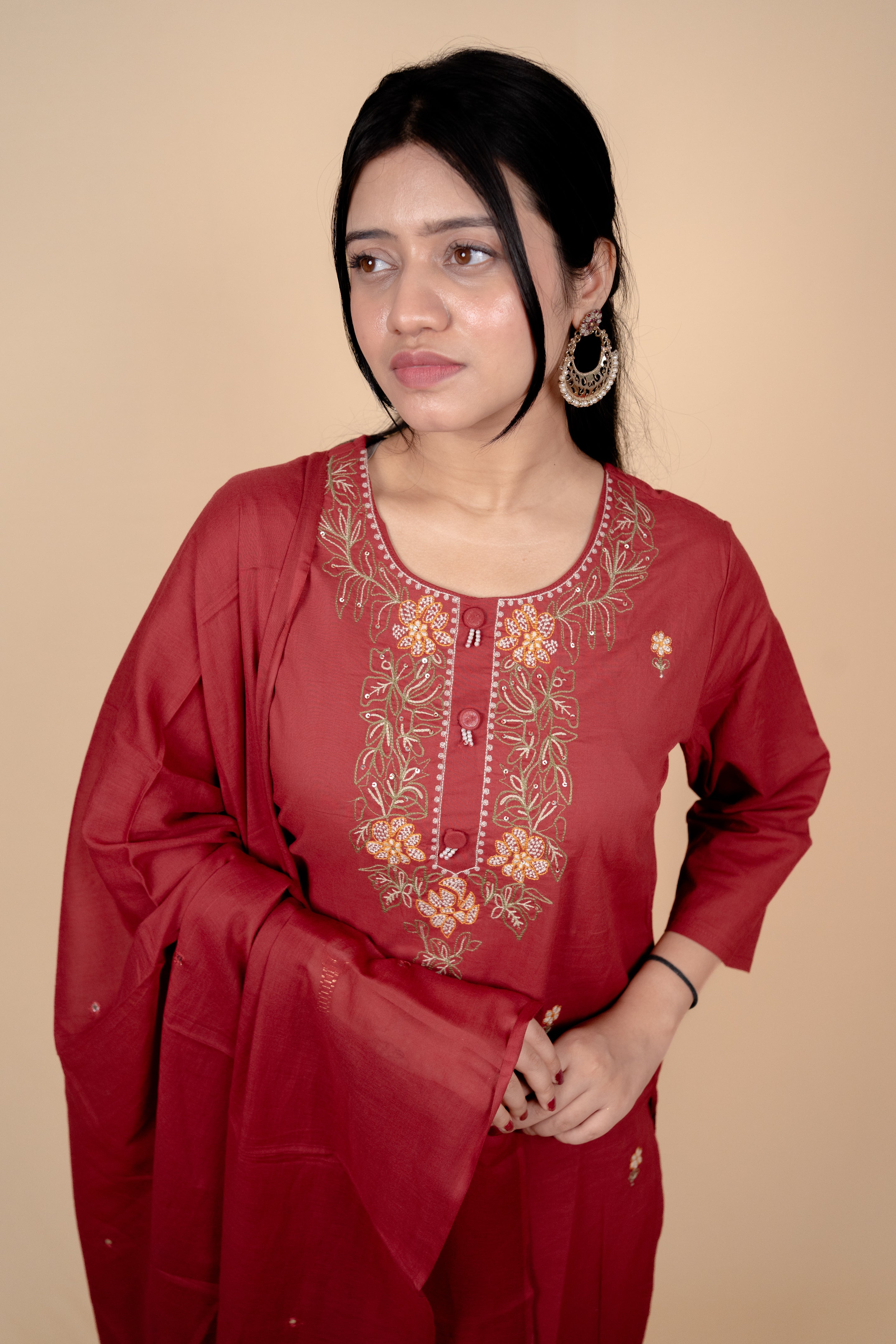 Deep Red Cotton Salwar Suit with Exquisite Thread Embroidery and Mirror-Work Dupatta