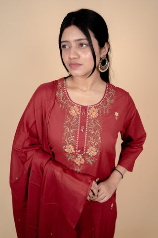 Deep Red Cotton Salwar Suit with Exquisite Thread Embroidery and Mirror-Work Dupatta