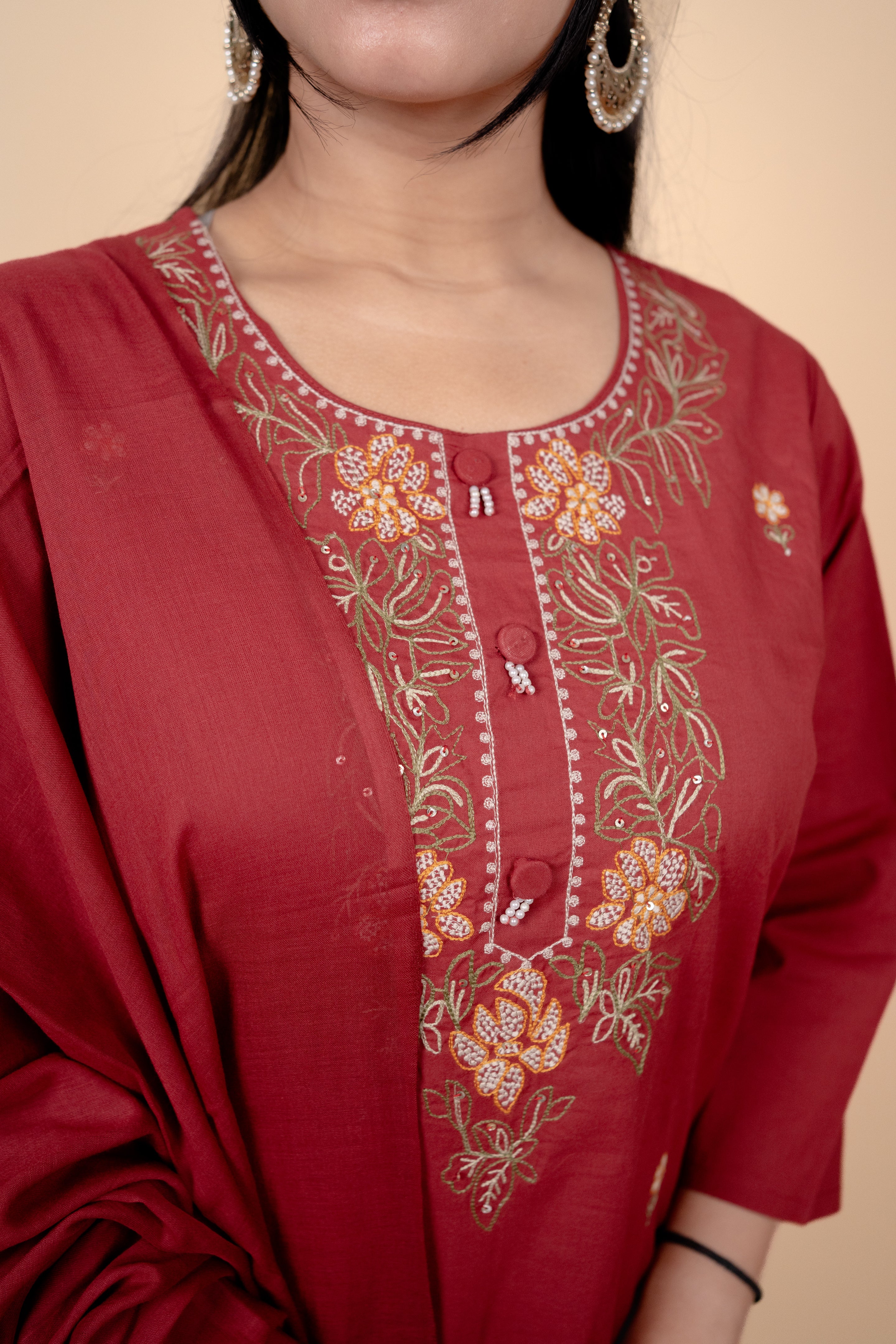 Deep Red Cotton Salwar Suit with Exquisite Thread Embroidery and Mirror-Work Dupatta
