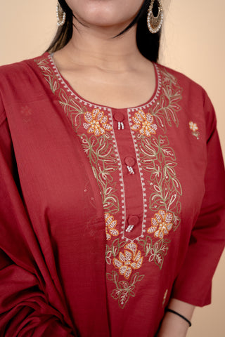 Deep Red Cotton Salwar Suit with Exquisite Thread Embroidery and Mirror-Work Dupatta