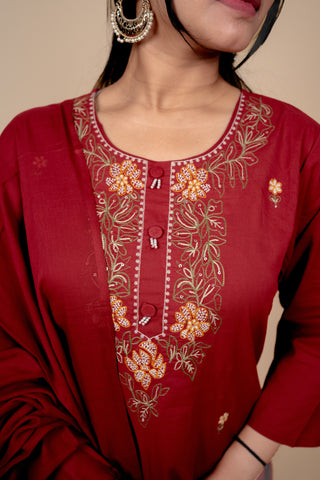 Deep Red Cotton Salwar Suit with Exquisite Thread Embroidery and Mirror-Work Dupatta