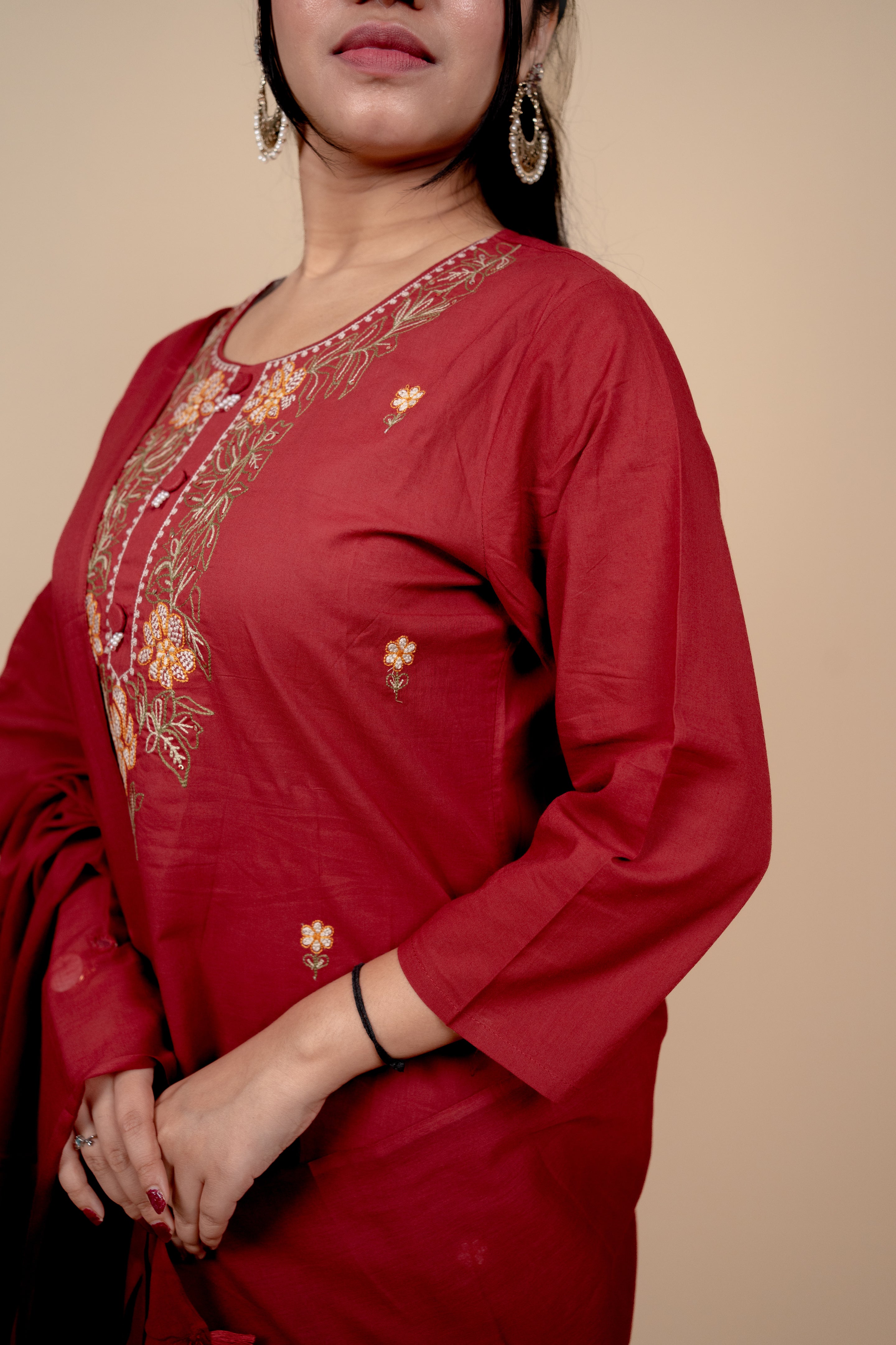 Deep Red Cotton Salwar Suit with Exquisite Thread Embroidery and Mirror-Work Dupatta