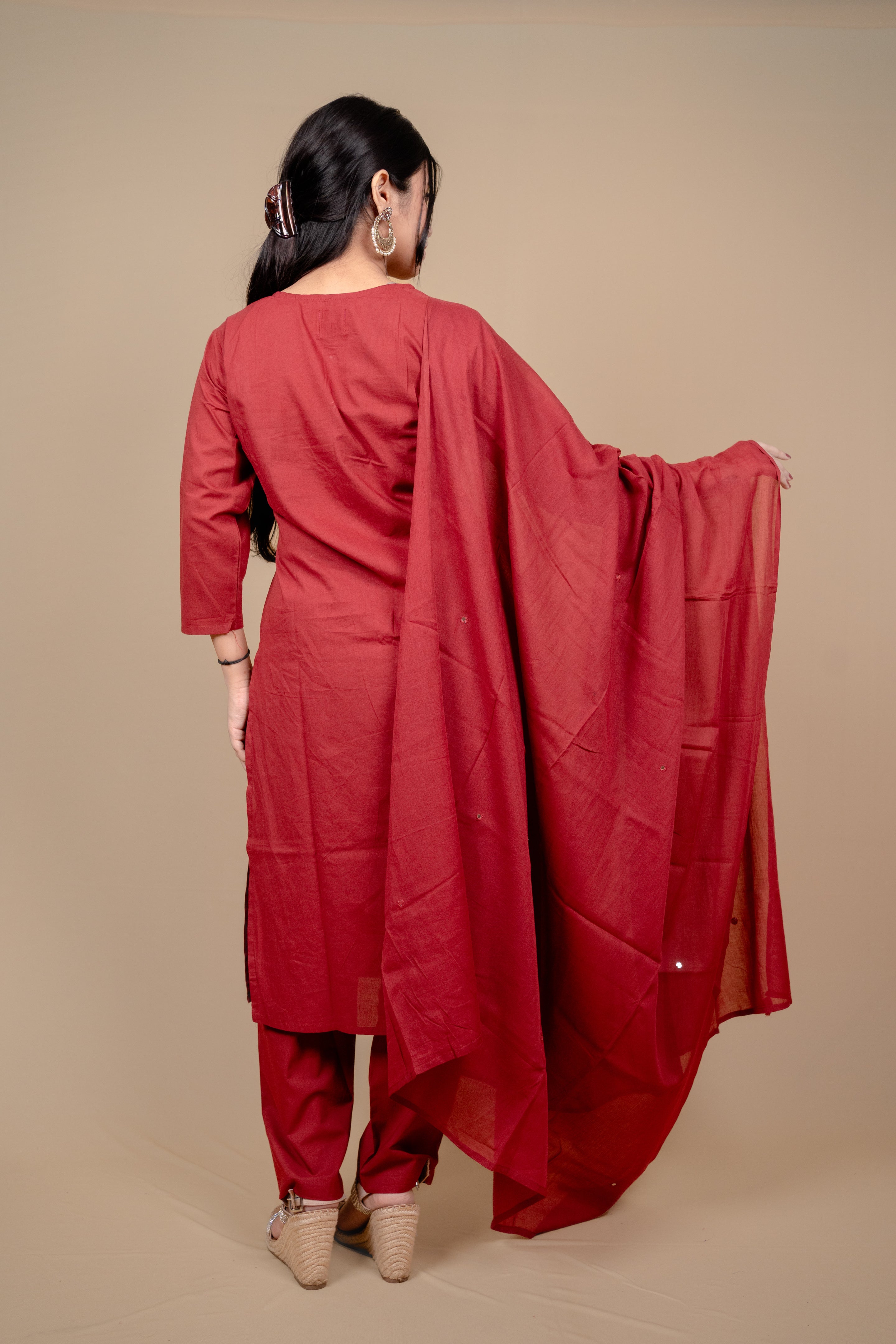 Deep Red Cotton Salwar Suit with Exquisite Thread Embroidery and Mirror-Work Dupatta