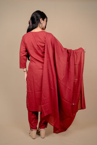 Deep Red Cotton Salwar Suit with Exquisite Thread Embroidery and Mirror-Work Dupatta