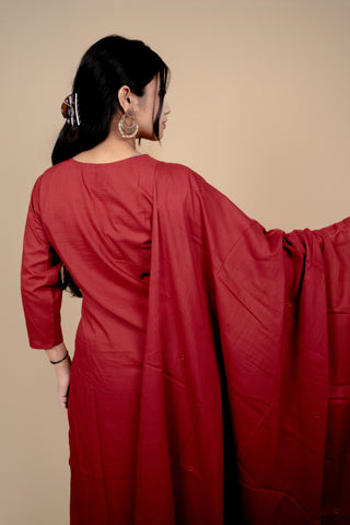 Deep Red Cotton Salwar Suit with Exquisite Thread Embroidery and Mirror-Work Dupatta