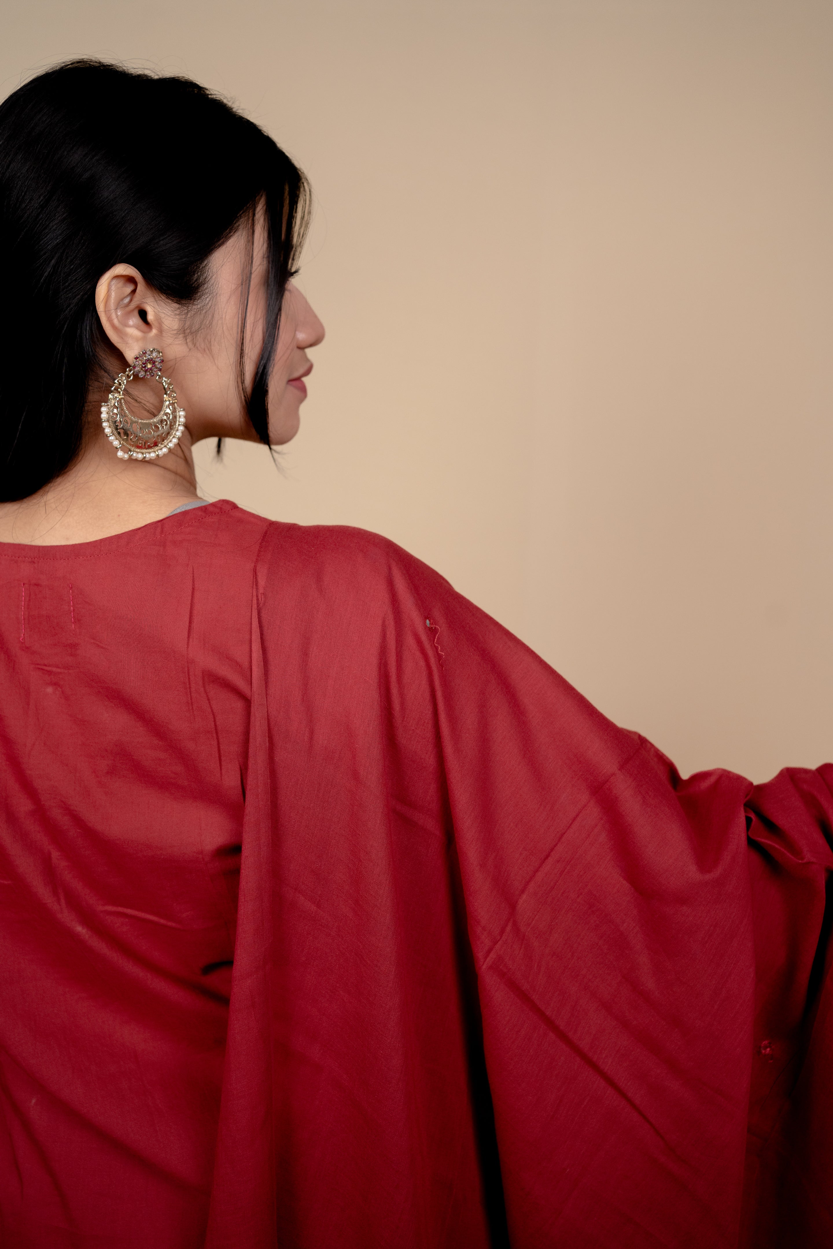 Deep Red Cotton Salwar Suit with Exquisite Thread Embroidery and Mirror-Work Dupatta