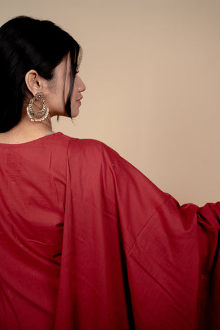 Deep Red Cotton Salwar Suit with Exquisite Thread Embroidery and Mirror-Work Dupatta