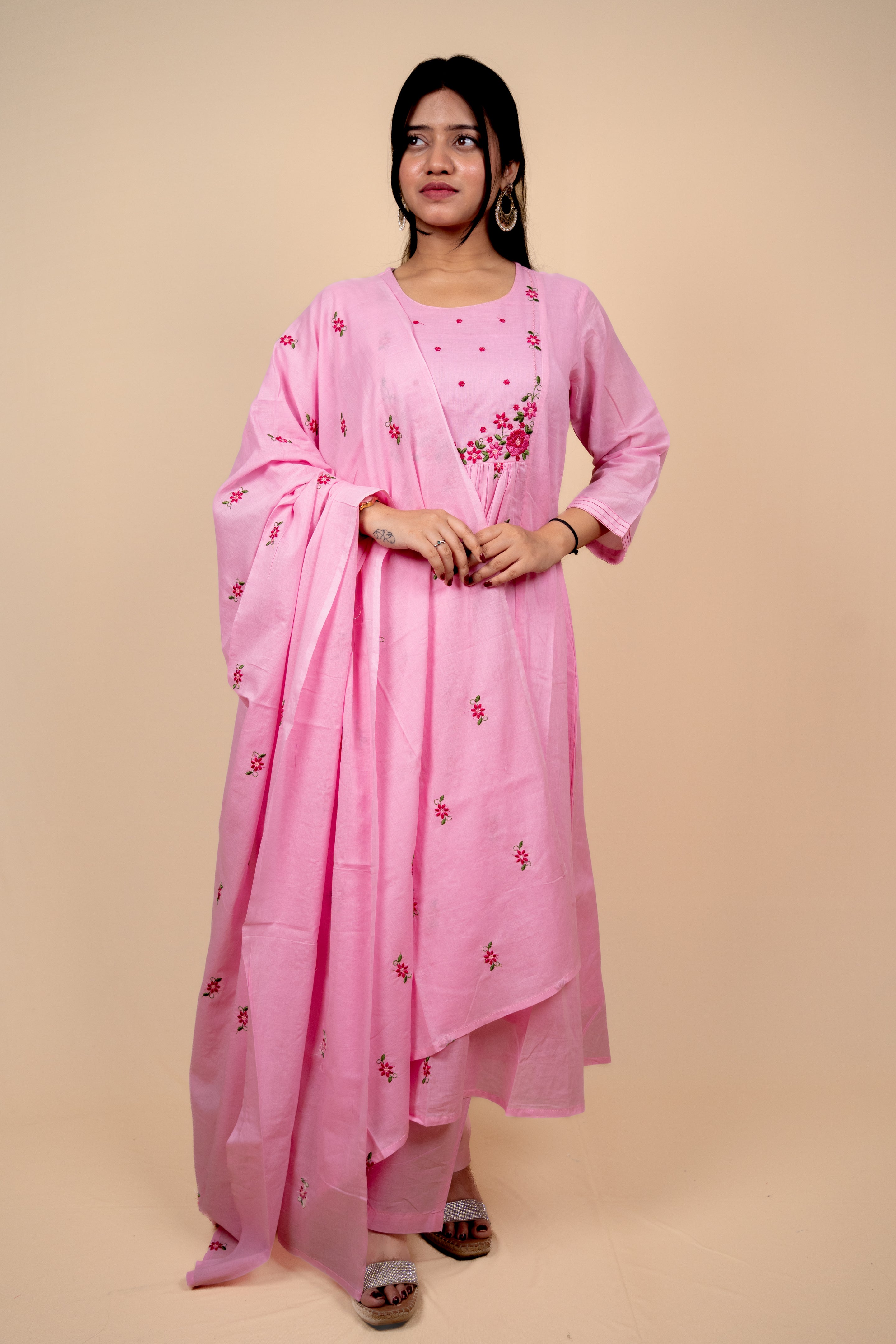Pink Mul Cotton A Line Embroidered Kurta Set