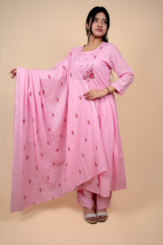 Pink Mul Cotton A Line Embroidered Kurta Set