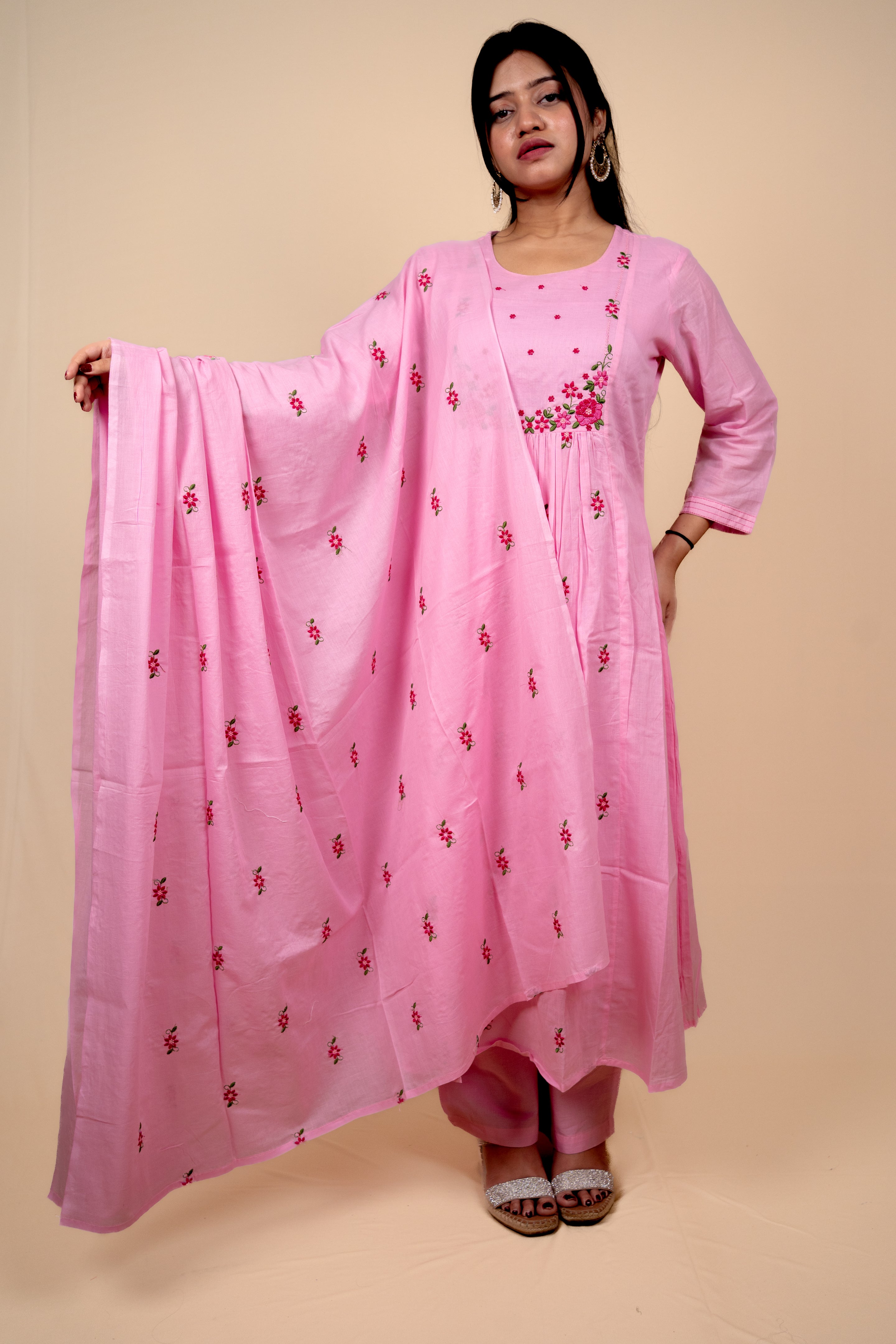 Pink Mul Cotton A Line Embroidered Kurta Set
