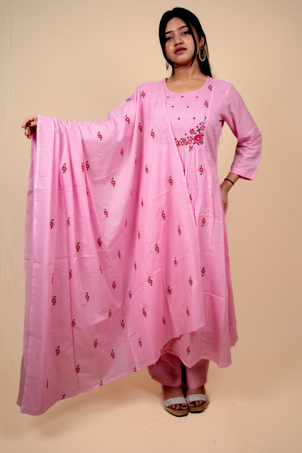 Pink Mul Cotton A Line Embroidered Kurta Set