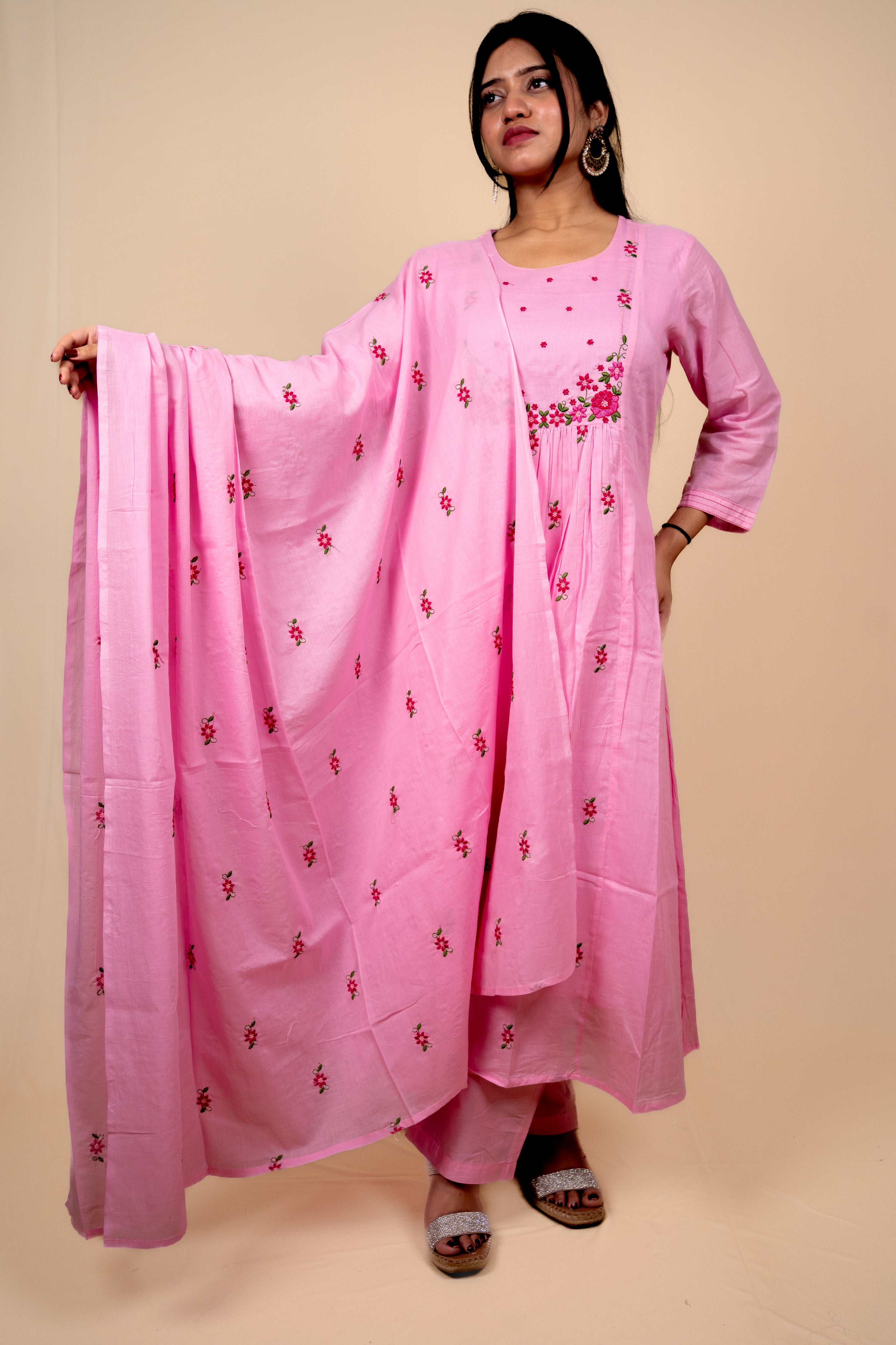 Pink Mul Cotton A Line Embroidered Kurta Set