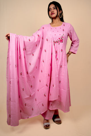 Pink Mul Cotton A Line Embroidered Kurta Set