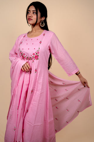 Pink Mul Cotton A Line Embroidered Kurta Set