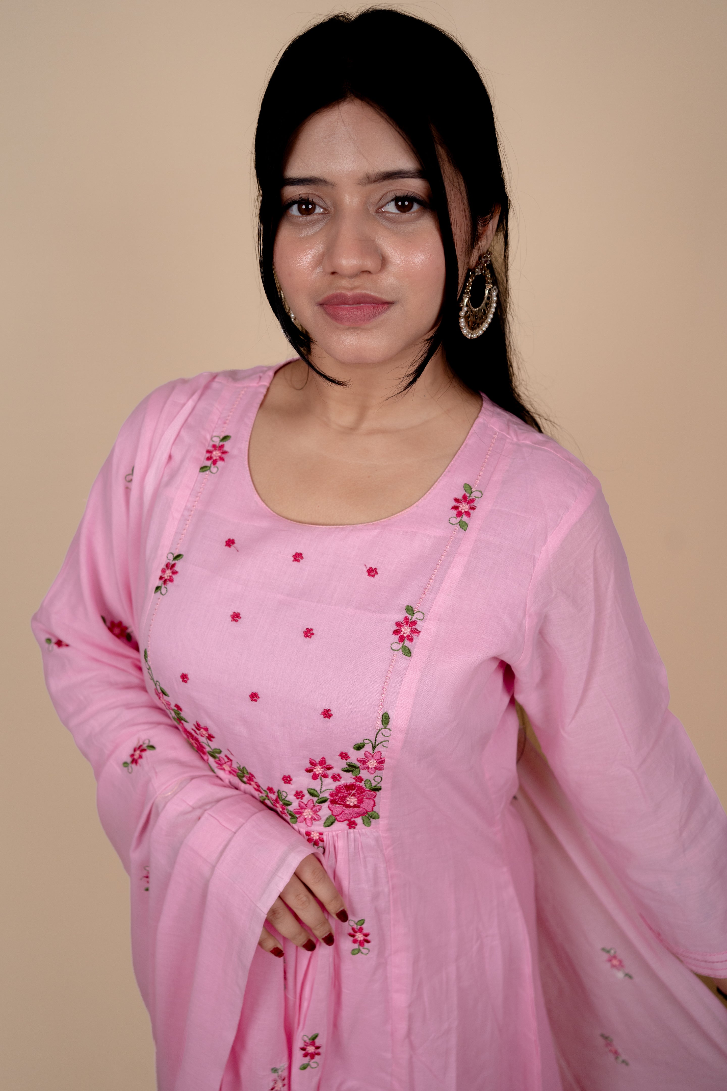 Pink Mul Cotton A Line Embroidered Kurta Set