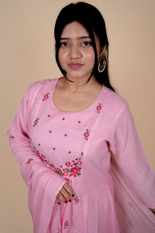 Pink Mul Cotton A Line Embroidered Kurta Set