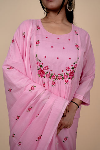 Pink Mul Cotton A Line Embroidered Kurta Set