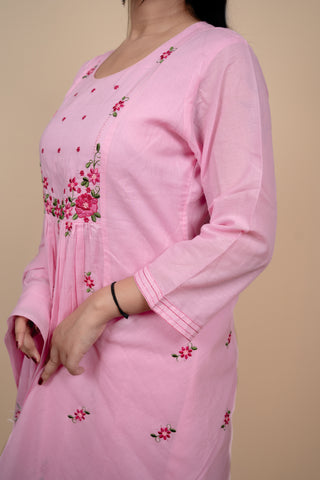 Pink Mul Cotton A Line Embroidered Kurta Set