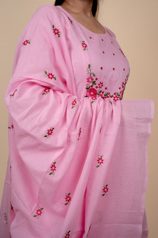 Pink Mul Cotton A Line Embroidered Kurta Set