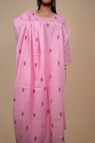 Pink Mul Cotton A Line Embroidered Kurta Set