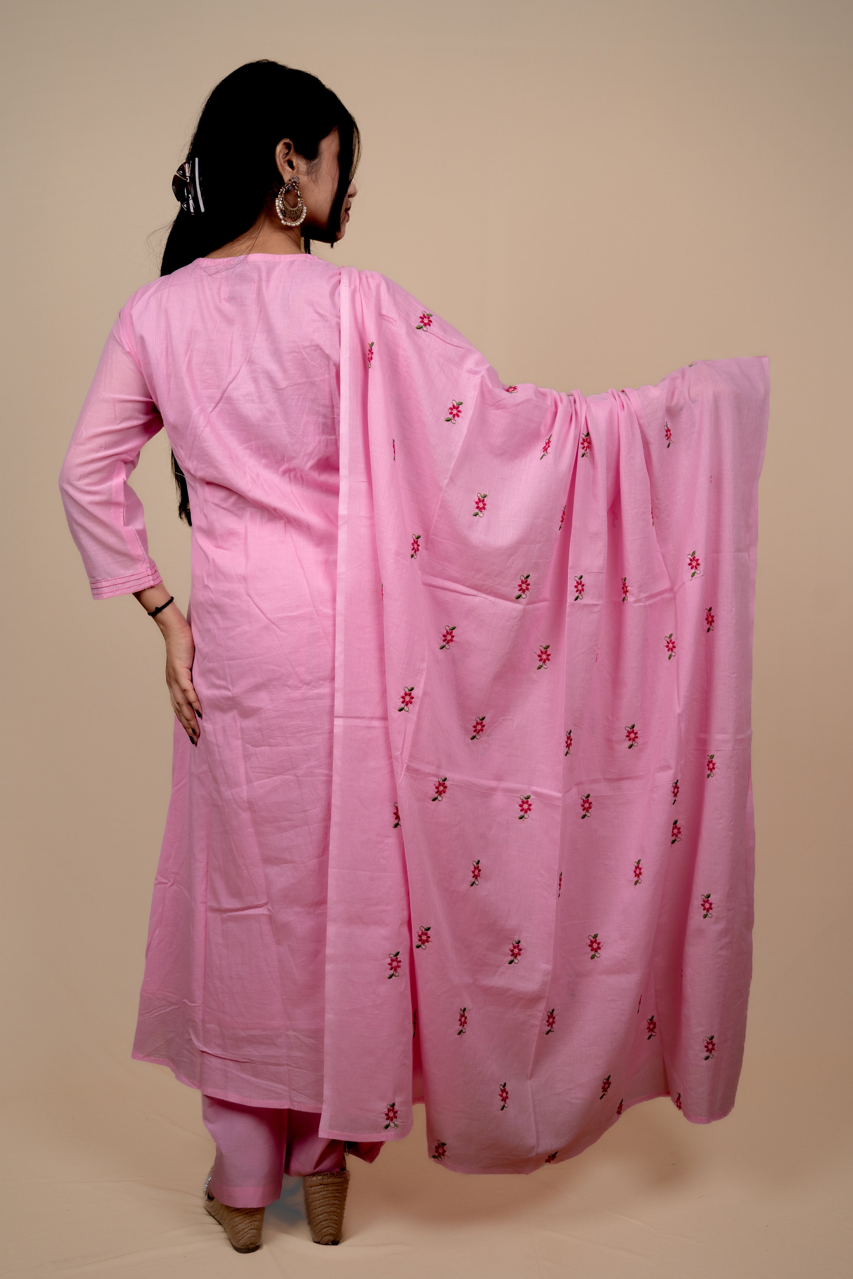 Pink Mul Cotton A Line Embroidered Kurta Set