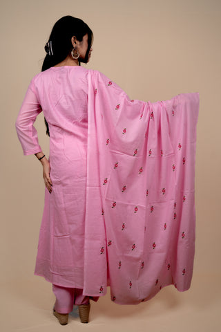 Pink Mul Cotton A Line Embroidered Kurta Set