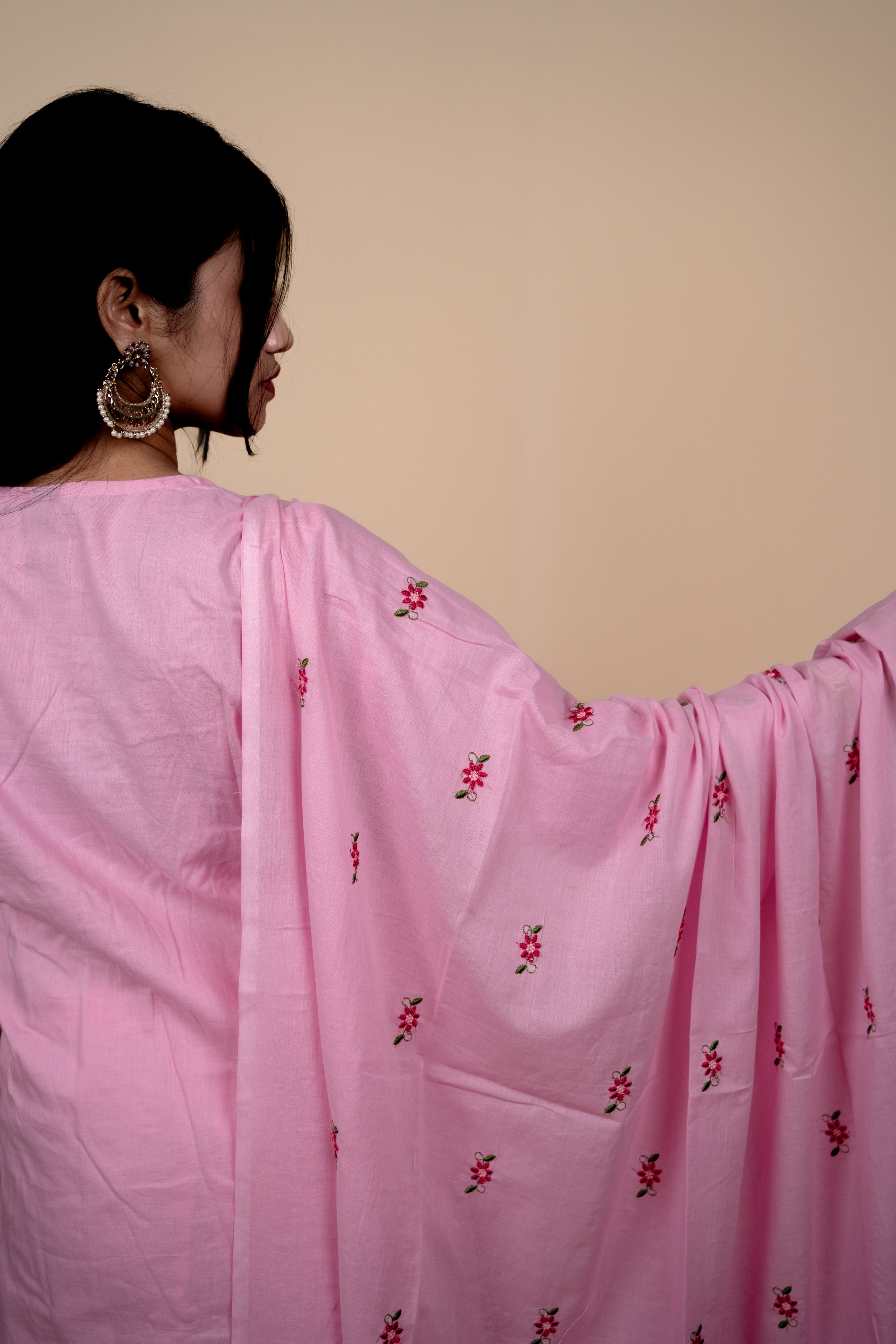 Pink Mul Cotton A Line Embroidered Kurta Set