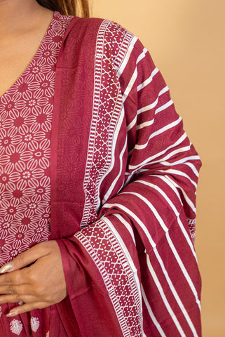 Maroon Printed Tiered Anarkali Dress with Dupatta