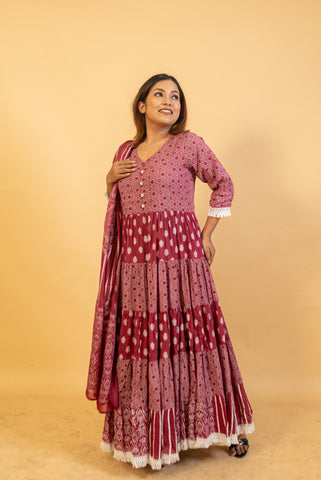 Maroon Printed Tiered Anarkali Dress with Dupatta