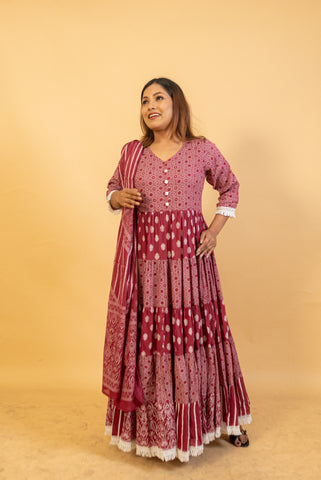 Maroon Printed Tiered Anarkali Dress with Dupatta