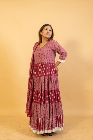 Maroon Printed Tiered Anarkali Dress with Dupatta