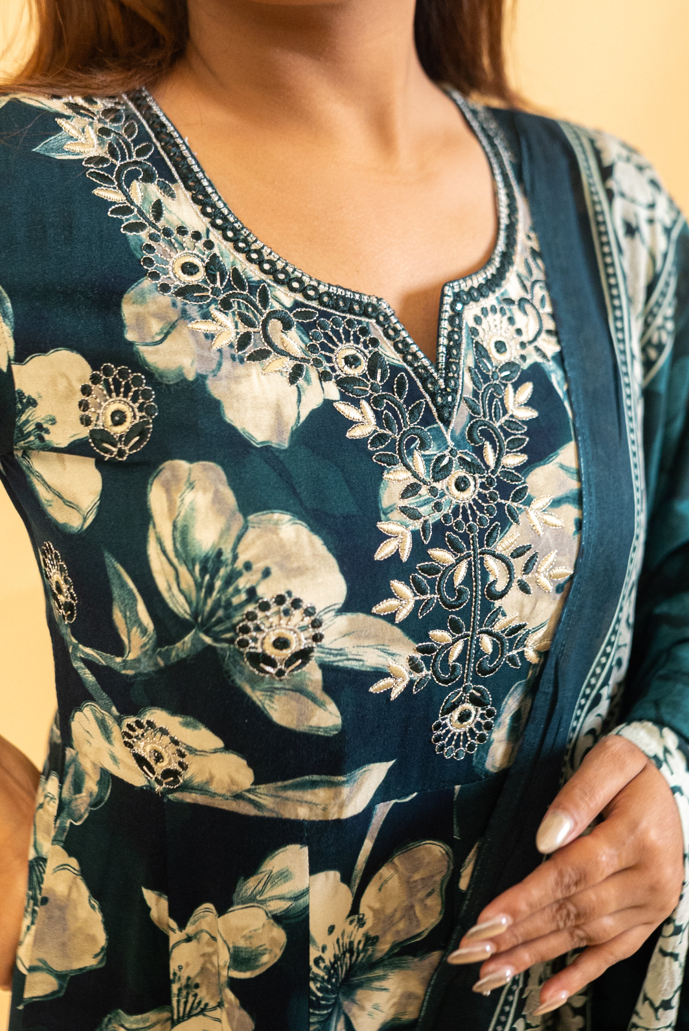 Deep Teal Floral Anarkali Suit Set