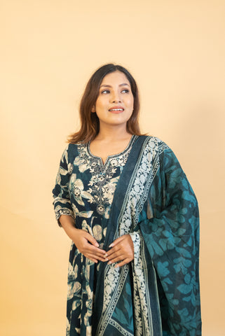 Deep Teal Floral Anarkali Suit Set