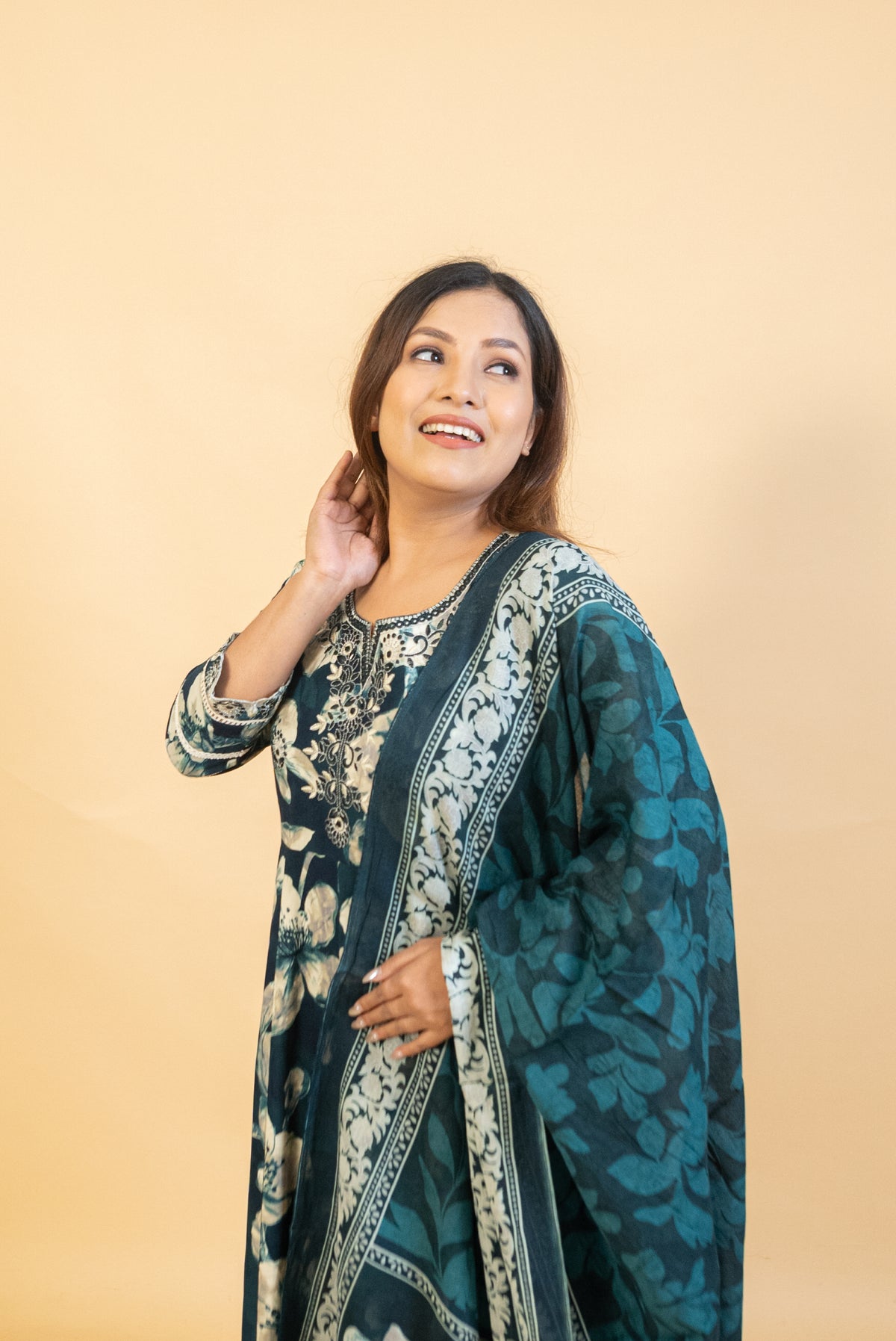 Deep Teal Floral Anarkali Suit Set