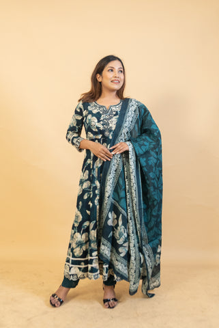 Deep Teal Floral Anarkali Suit Set