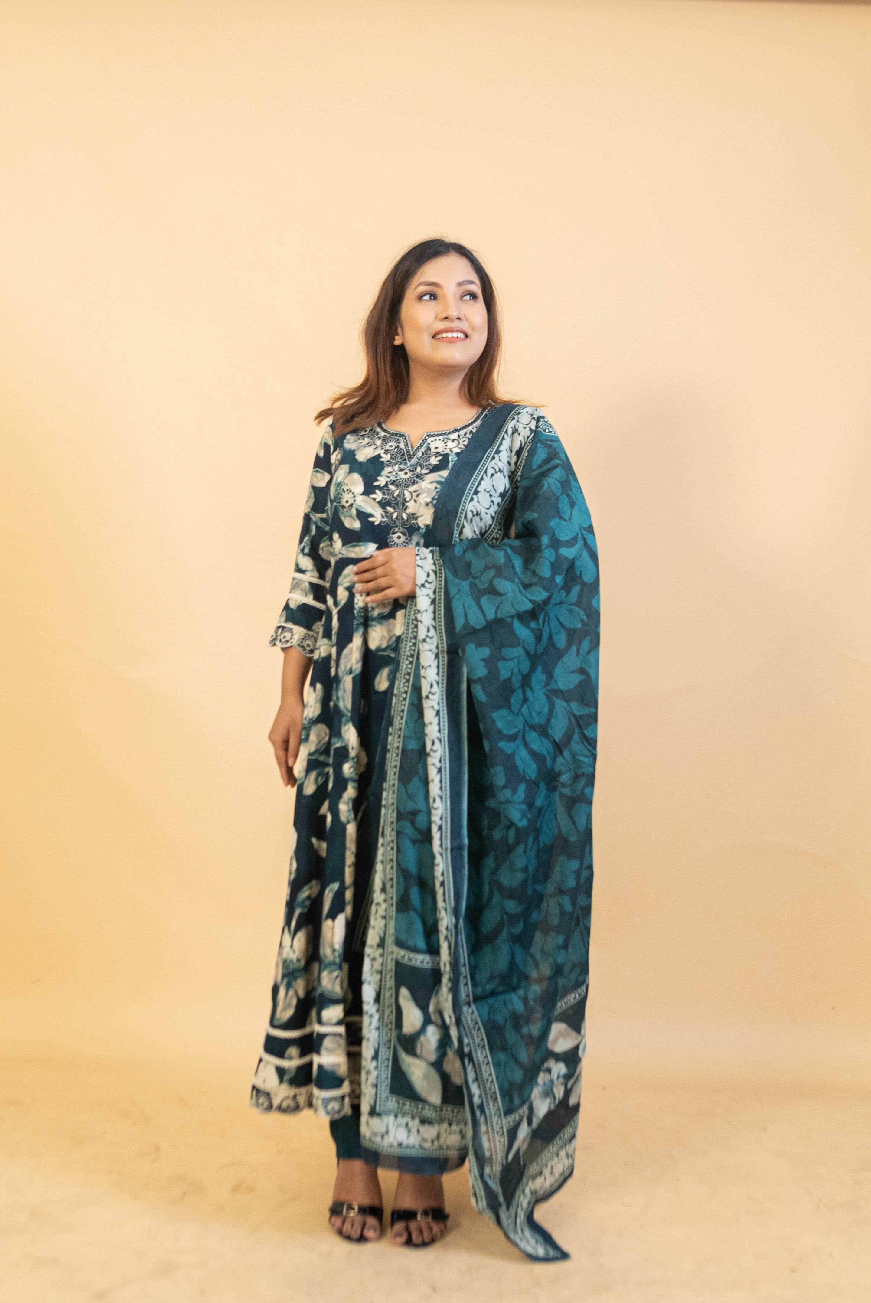 Deep Teal Floral Anarkali Suit Set