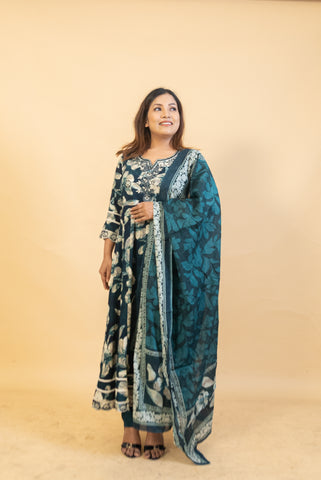 Deep Teal Floral Anarkali Suit Set